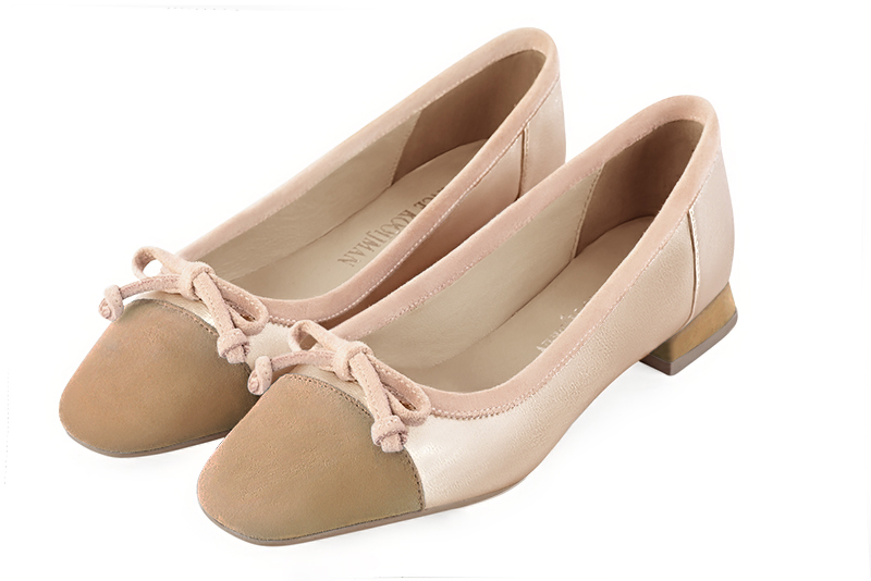 Tan beige, gold and powder pink women's ballet pumps, with low heels. Square toe. Flat flare heels. Front view - Florence KOOIJMAN